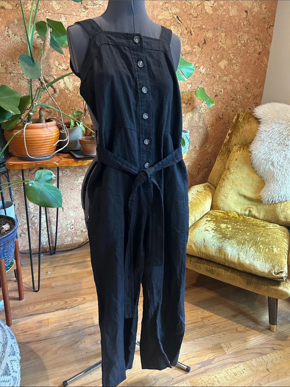 Everlane Black Linen Button-Front Jumpsuit with Tie Waist